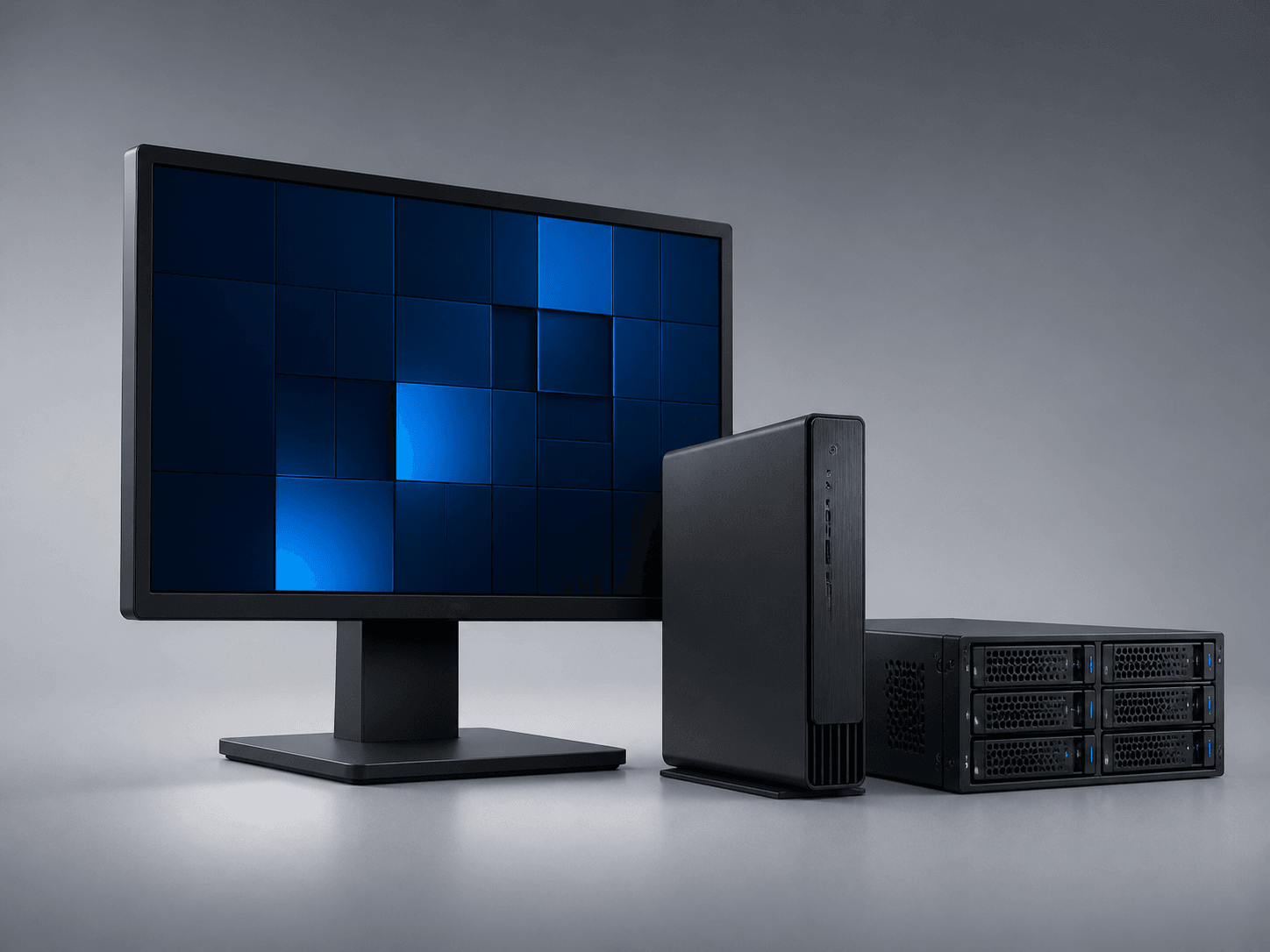 Unbranded professional workstation and server displaying an abstract software interface